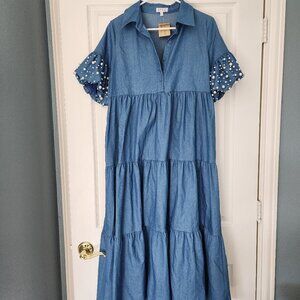 Tiered Chambray Shirtdress with Pearl Detail NWT Sz S